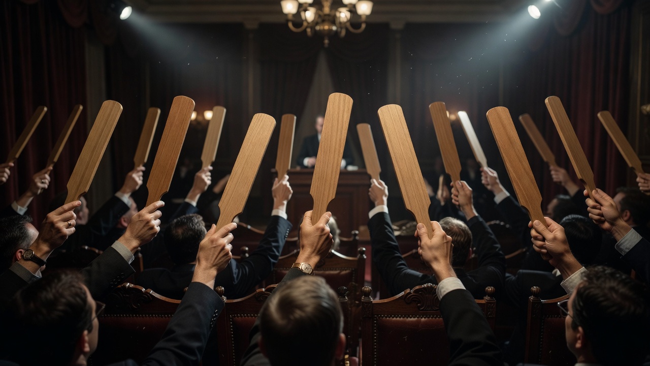 Detail photograph of numbered bidding paddles raised in a dim saleroom
