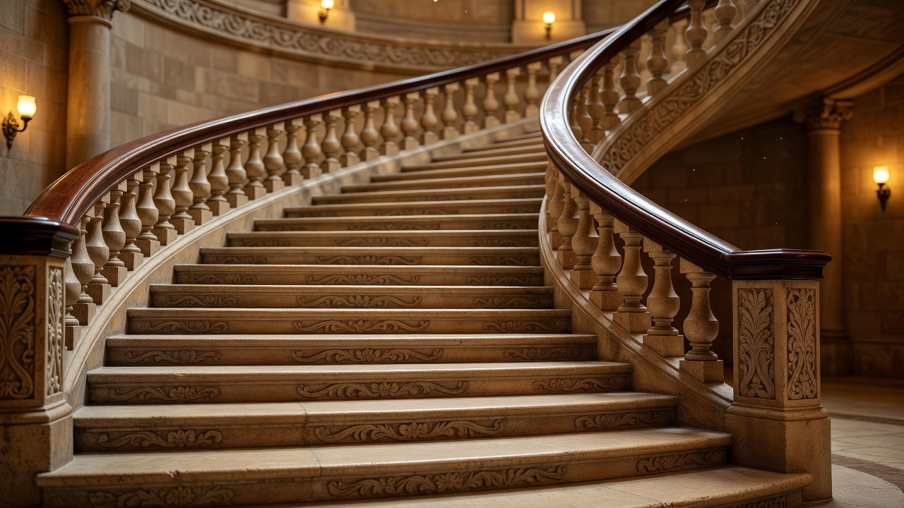 Detail photograph of a curving carved stone staircase with a polished wooden handrail and warm light