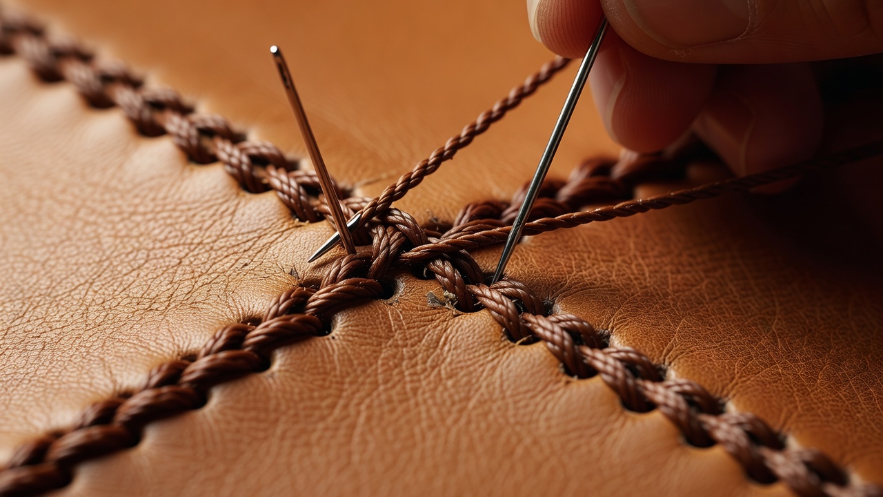 Close-up detail photograph of hand saddle stitching on tan leather with two needles and waxed thread