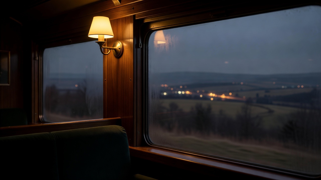 Detail photograph of a lamp-lit train compartment window with a blurred evening landscape outside